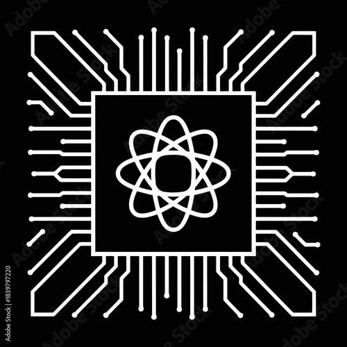 Atomic symbol on a microchip circuit design representing technology and science