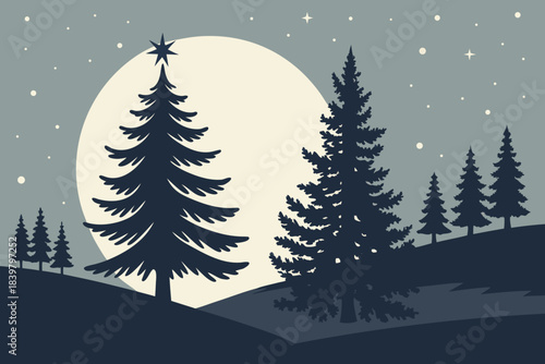 Christmas Night Landscape with Glowing Tree Vector 