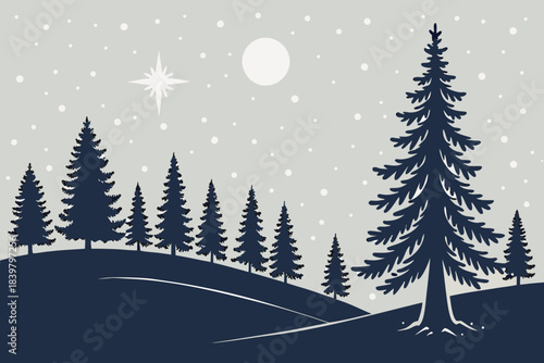 Christmas Night Landscape with Glowing Tree Vector 