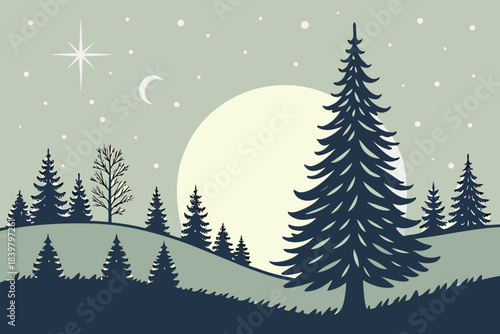 Christmas Night Landscape with Glowing Tree Vector 