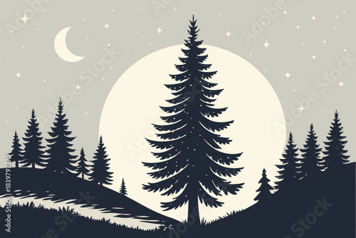 Christmas Night Landscape with Glowing Tree Vector 