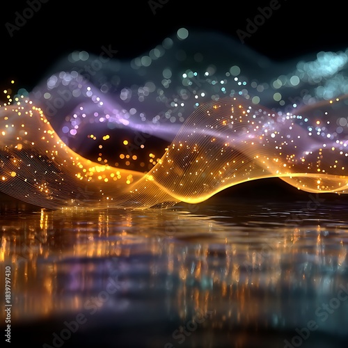 Glowing Orange and Purple Waves Reflected in Water abstract background
