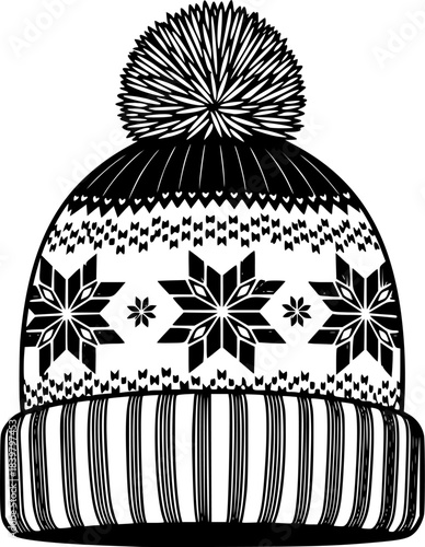 Knitted winter hat with pom and snowflake patterns vector
