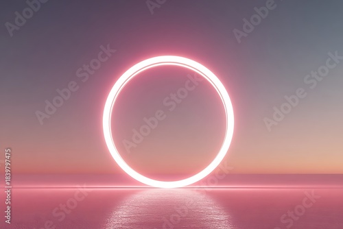 Glowing Pink Neon Circle on Reflective Surface at Dusk Keywords: neon, circle, ring, pink