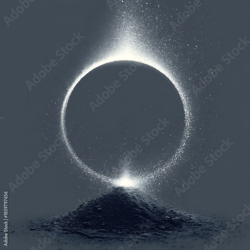 Glowing Ring of Light Particles Emerging from a Pile of Dark Material image photo