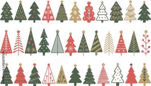 Collection of stylized Christmas trees in red green and gold