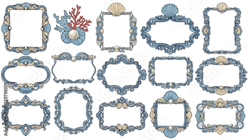 Collection of ornate blue and beige decorative frames with seashells and pearls, vector