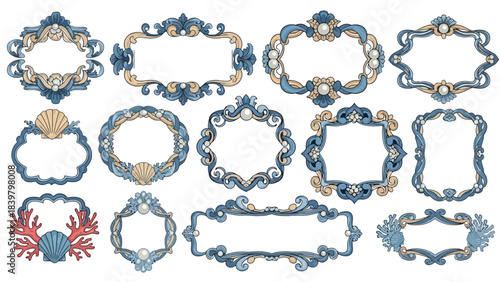 Decorative Vintage Frames with Seashells and Pearls, Nautical Ornate Borders