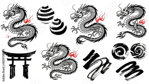 Japanese Dragon Tattoo Style Brush Strokes and Torii Gate Traditional Art Elements