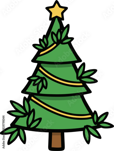Cartoon Christmas Tree with Star and Garland.