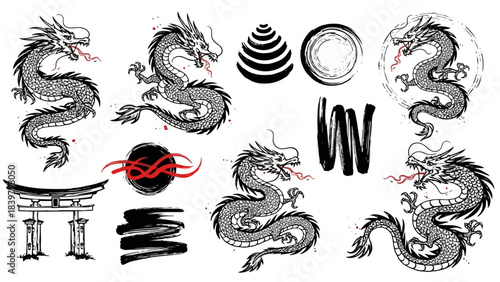 Set of Japanese Dragons and Traditional Torii Gate with Brush Strokes