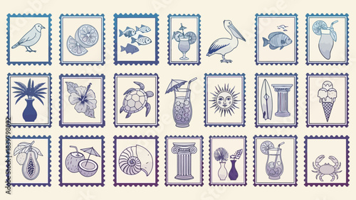 Set of Vintage Stamp Illustrations Featuring Tropical and Nature Elements