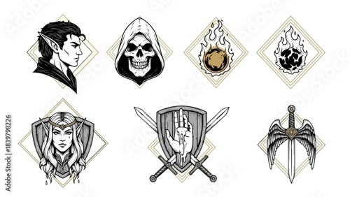 Fantasy Emblem Set: Elves, Skull, Fireball, Shield, and Sword Icons