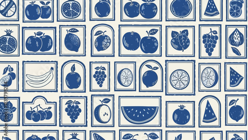 Seamless Pattern of Blue Vintage Fruit Illustrations on Cream Background
