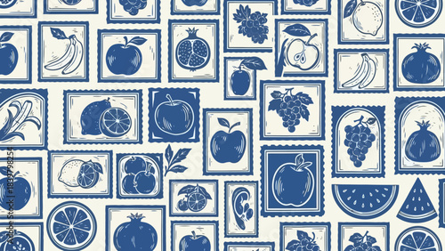 Seamless Pattern of Blue Vintage Fruit Stamps on a Cream Background