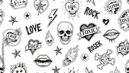 Hand-Drawn Punk Rock and Skulls Seamless Pattern, Tattoo and Music Inspired