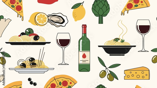 Seamless Pattern of Italian Food and Drinks, Mediterranean Cuisine Flat Design