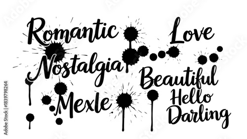 Collection of decorative handwritten words and phrases with ink splatters
