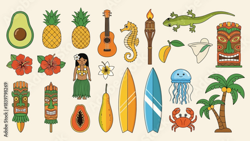 Vibrant Tropical Hawaiian Icons Set: Avocado, Pineapple, Guitar, Tiki, Surfboard, Palm Trees