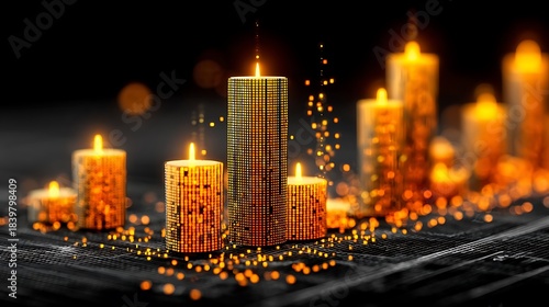 Lit Candles with Orange Glow and Sparkles on Dark Surface Keywords: candles, lit, glowing