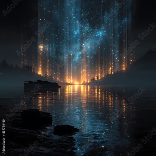 Mystical Lake Scene with Starry Sky Pillars and Boat water reflection