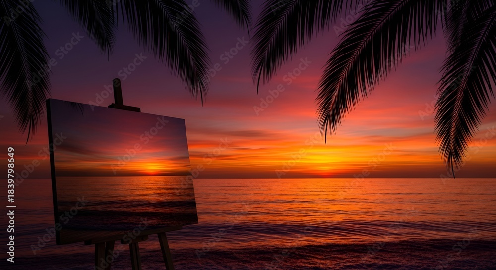 Fototapeta premium An artist's easel displays a vibrant sunset over the ocean, framed by silhouetted palm fronds,