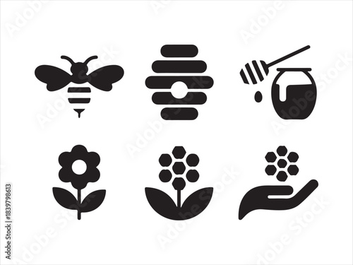 Bee icons set, Line art close up bee and honeycomb icon set with honey jar beehive flower and save the bees badge stamp collection of vector