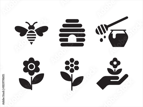 Bee icons set, Line art close up bee and honeycomb icon set with honey jar beehive flower and save the bees badge stamp collection of vector