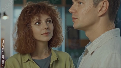 Intense Eye Contact Between Redhead Woman & Man | Emotional Dialogue in Warm Indoor Setting | Romantic Tension or Deep Conversation Scene

