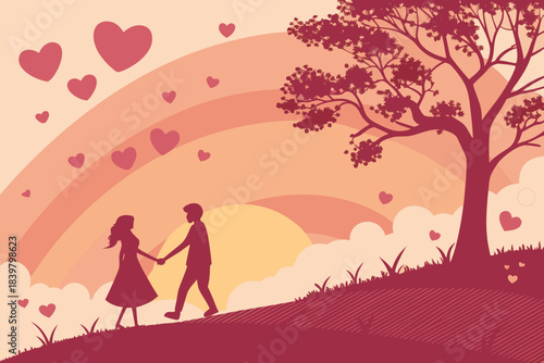 Valentine’s Day Sunset with Heart Clouds Vector