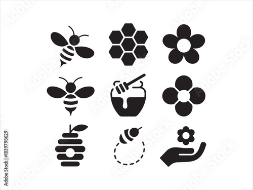 Bee icons set, Line art close up bee and honeycomb icon set with honey jar beehive flower and save the bees badge stamp collection of vector