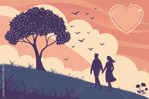 Valentine’s Day Sunset with Heart Clouds Vector