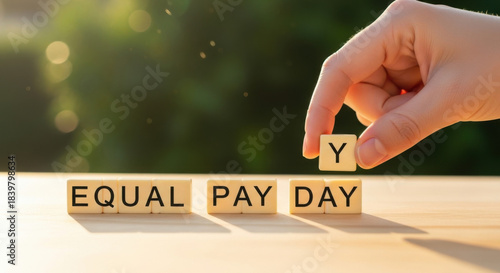 Conceptual equal pay day typography with wooden blocks on table against blurry greenery background and hand placing last letter for gender equality.