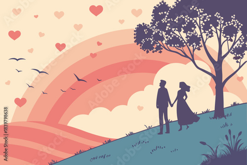 Valentine’s Day Sunset with Heart Clouds Vector