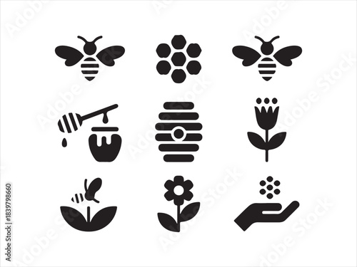 Bee icons set, Line art close up bee and honeycomb icon set with honey jar beehive flower and save the bees badge stamp collection of vector