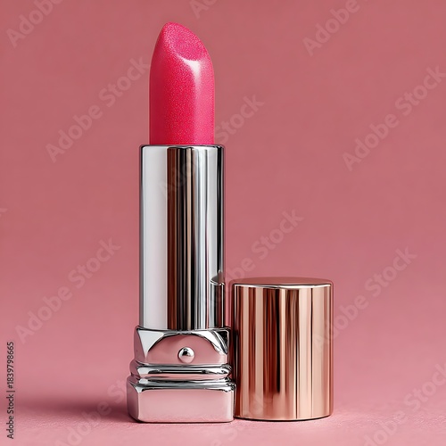 Pink Lipstick In Silver and Rose Gold Case On Pink Background makeup beauty