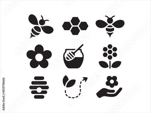 Bee icons set, Line art close up bee and honeycomb icon set with honey jar beehive flower and save the bees badge stamp collection of vector