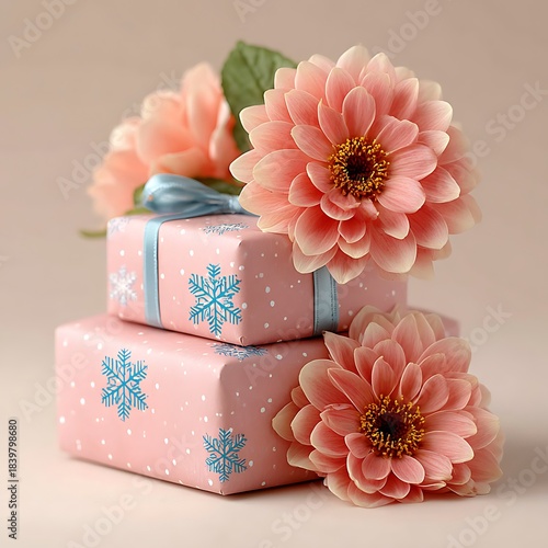 Pink gift boxes with blue snowflakes and ribbons adorned with flowers Keywords: gifts, presents