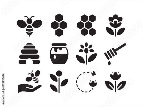 Bee icons set, Line art close up bee and honeycomb icon set with honey jar beehive flower and save the bees badge stamp collection of vector