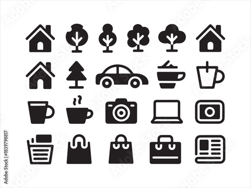 Black icons on white background for real urban life. Lifestyle and everyday objects line icon set. vector illustration
