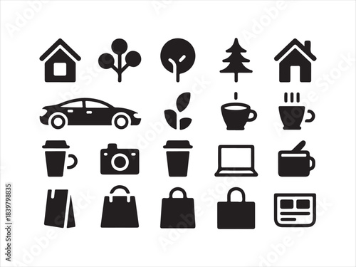 Black icons on white background for real urban life. Lifestyle and everyday objects line icon set. vector illustration