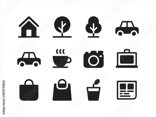 Black icons on white background for real urban life. Lifestyle and everyday objects line icon set. vector illustration