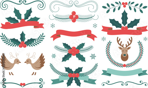 Christmas decorative elements with holly reindeer and birds