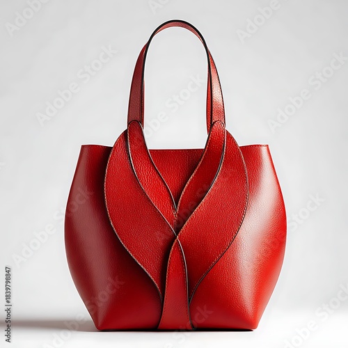 Red Leather Tote Bag with Petal- Like Front Design handbag