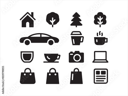 Black icons on white background for real urban life. Lifestyle and everyday objects line icon set. vector illustration