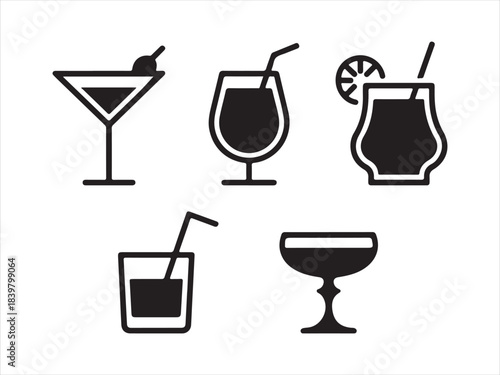 A collection of various drink and cocktail glasses in a minimalist black and white  silhouette vector style