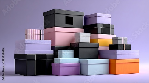 Stack of Assorted Colorful Gift Boxes on a Light Purple Background assortment