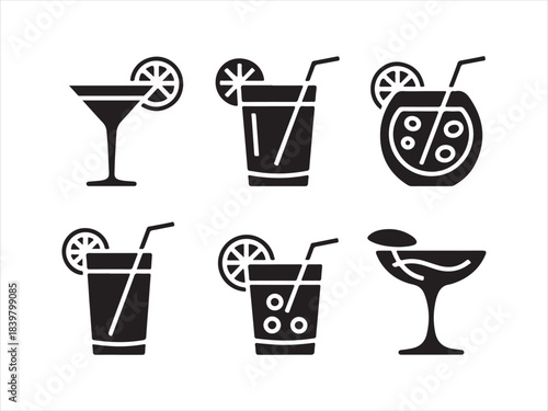 A collection of various drink and cocktail glasses in a minimalist black and white  silhouette vector style