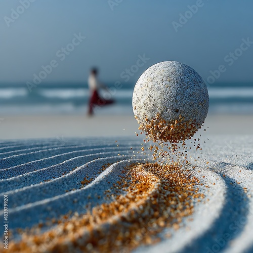 Stone ball levitating over raked sand on a beach with blurred figure sphere floating