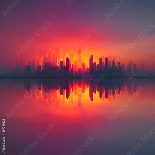 Stylized City Skyline Silhouette at Sunset with Reflection sunrise